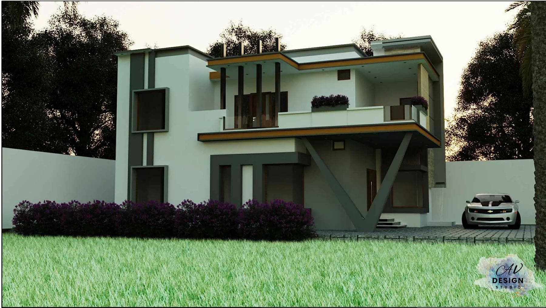 3D exterior render of a two-storey house with cantilevered balconies and landscaped frontage