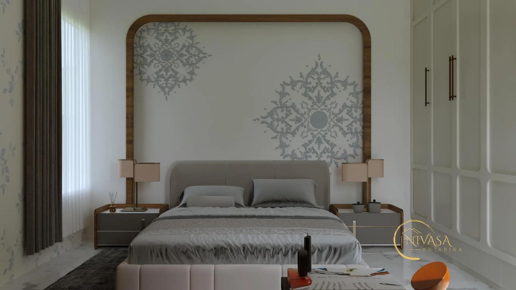 Bed beneath an arched wood surround with hand-painted mandala wall motif