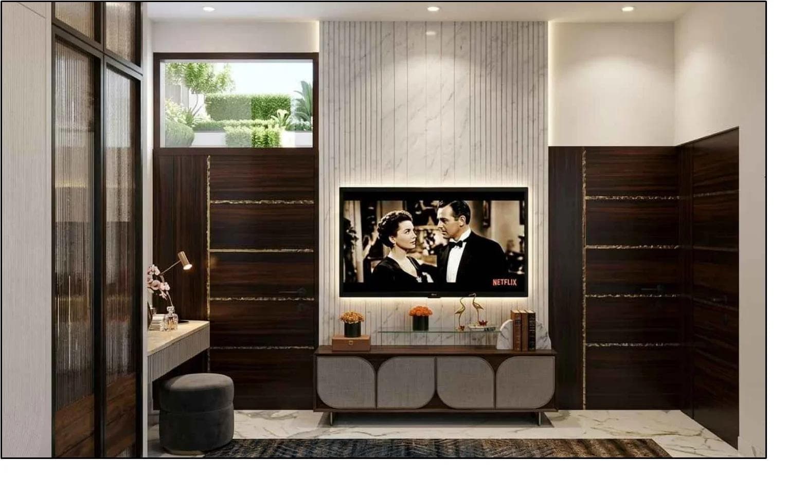 TV wall in fluted wood panelling with brass-lit marble surround, Jaipur residence