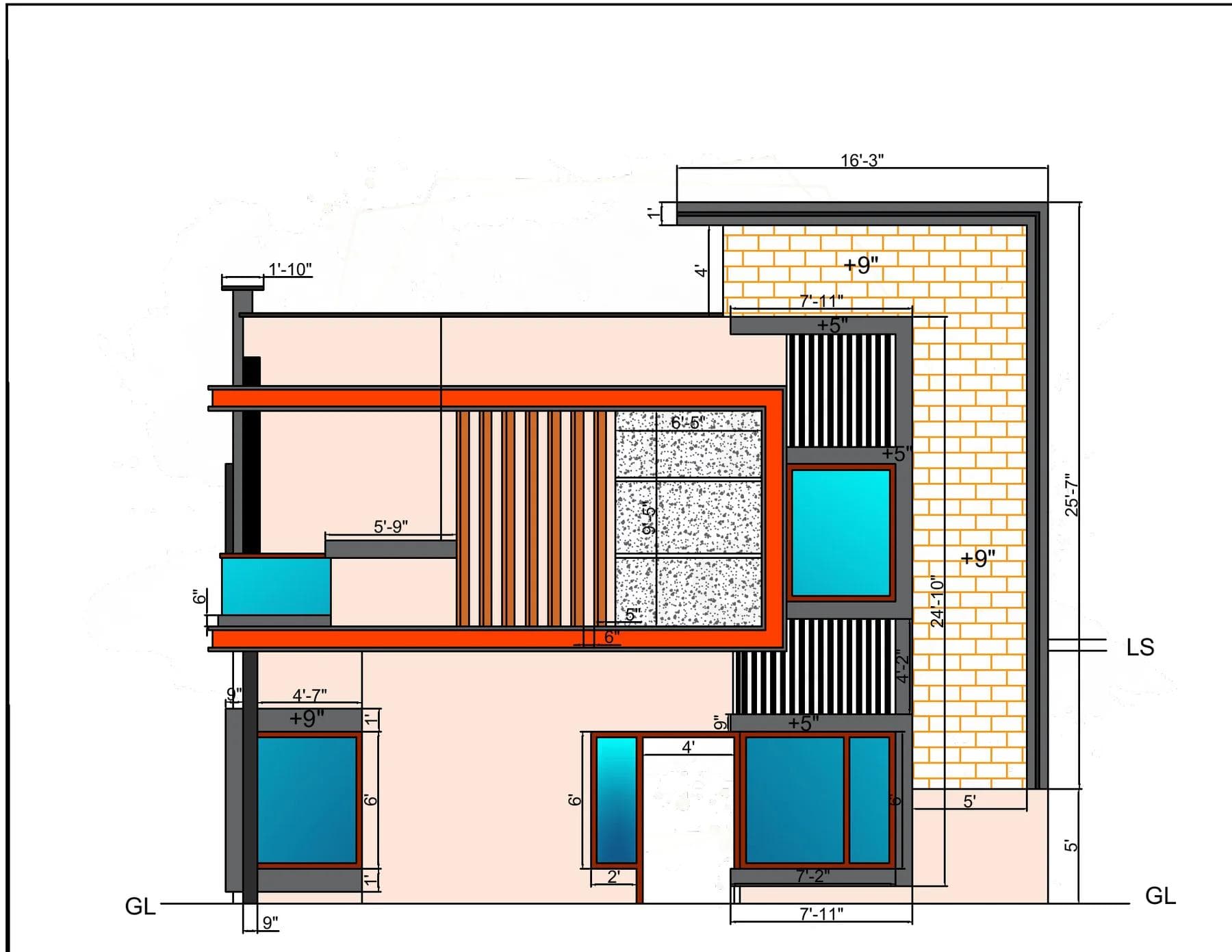 2D front elevation drawing of the Sihag residence