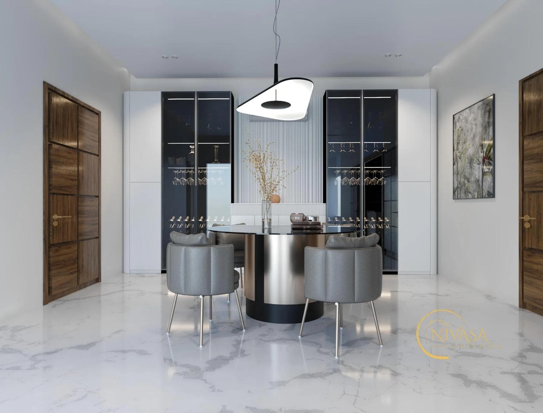 Round dining table with brass base and glass-front wine cabinetry