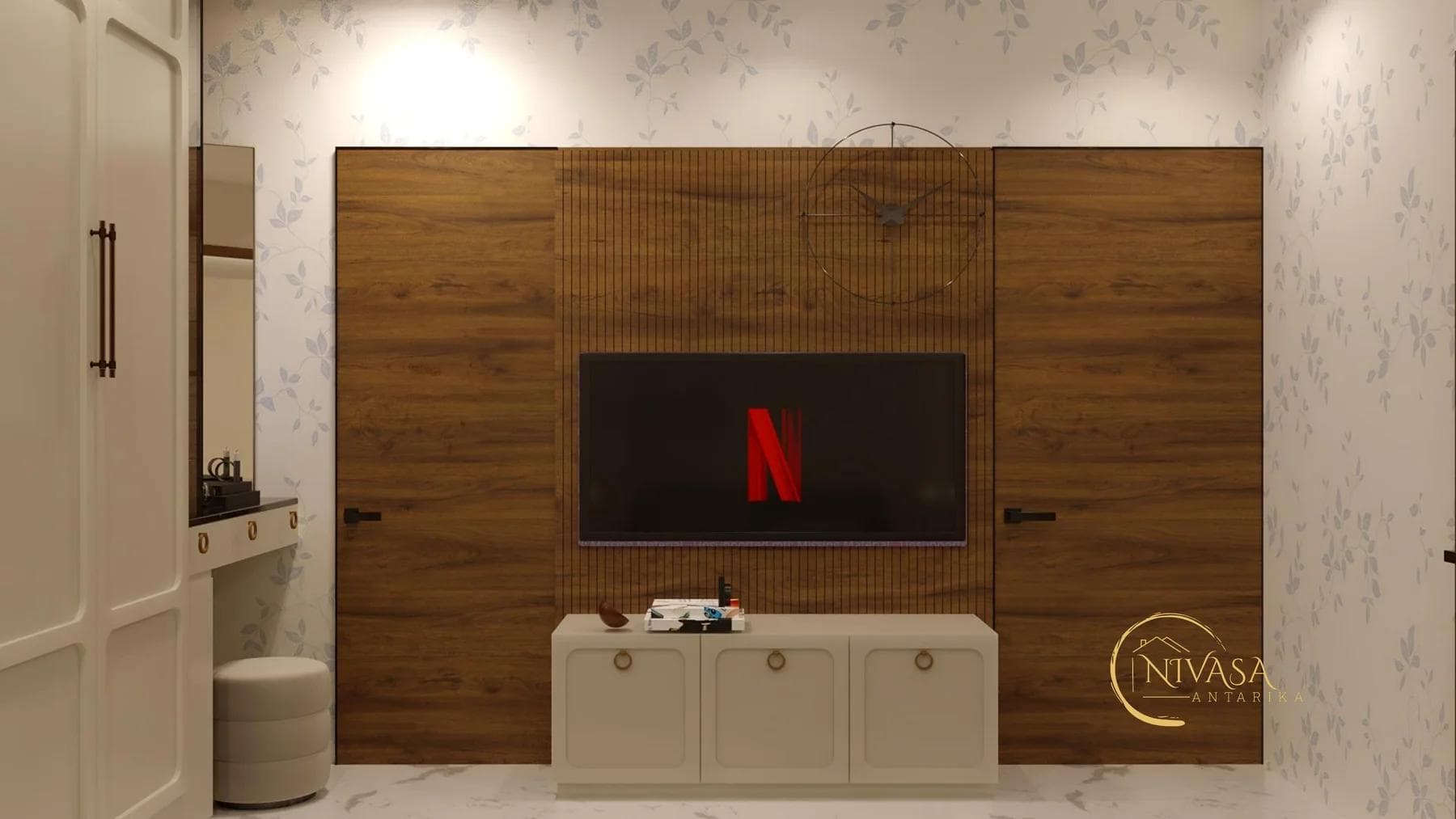 TV wall in wood panelling opposite the bed, wardrobe suite