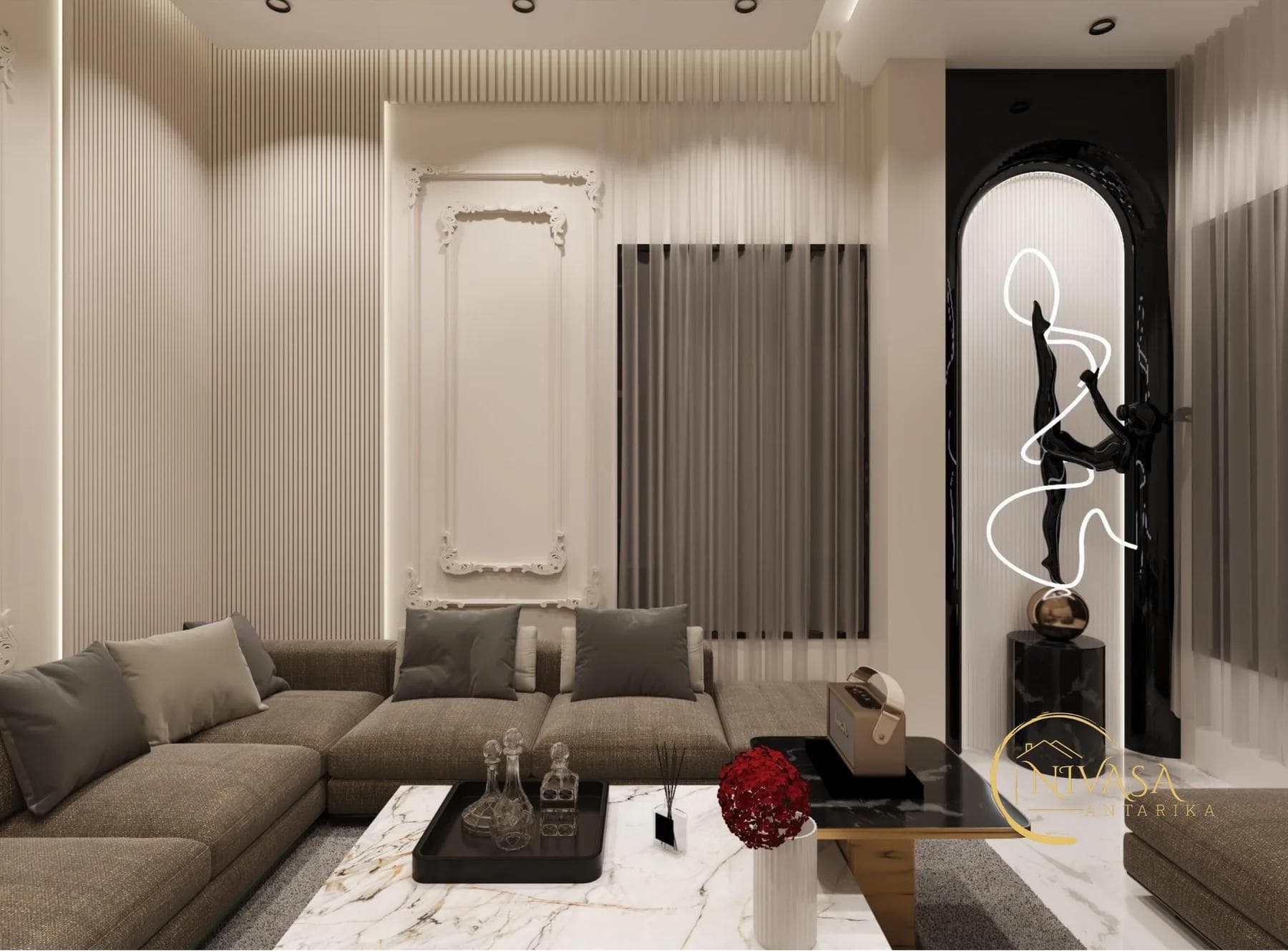 Sofa seating beneath an arched black accent niche with sculptural figure