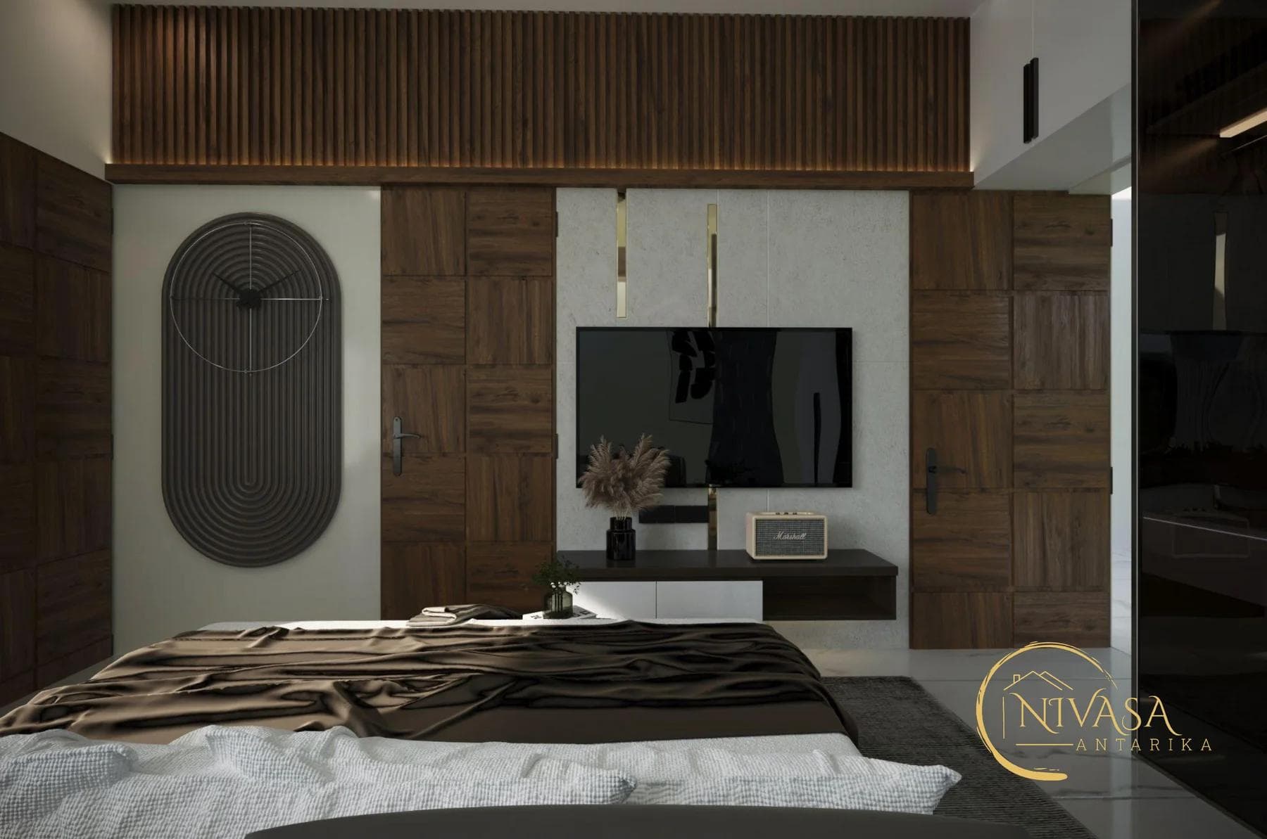 Bedroom TV wall in walnut panelling with fluted wardrobe detailing