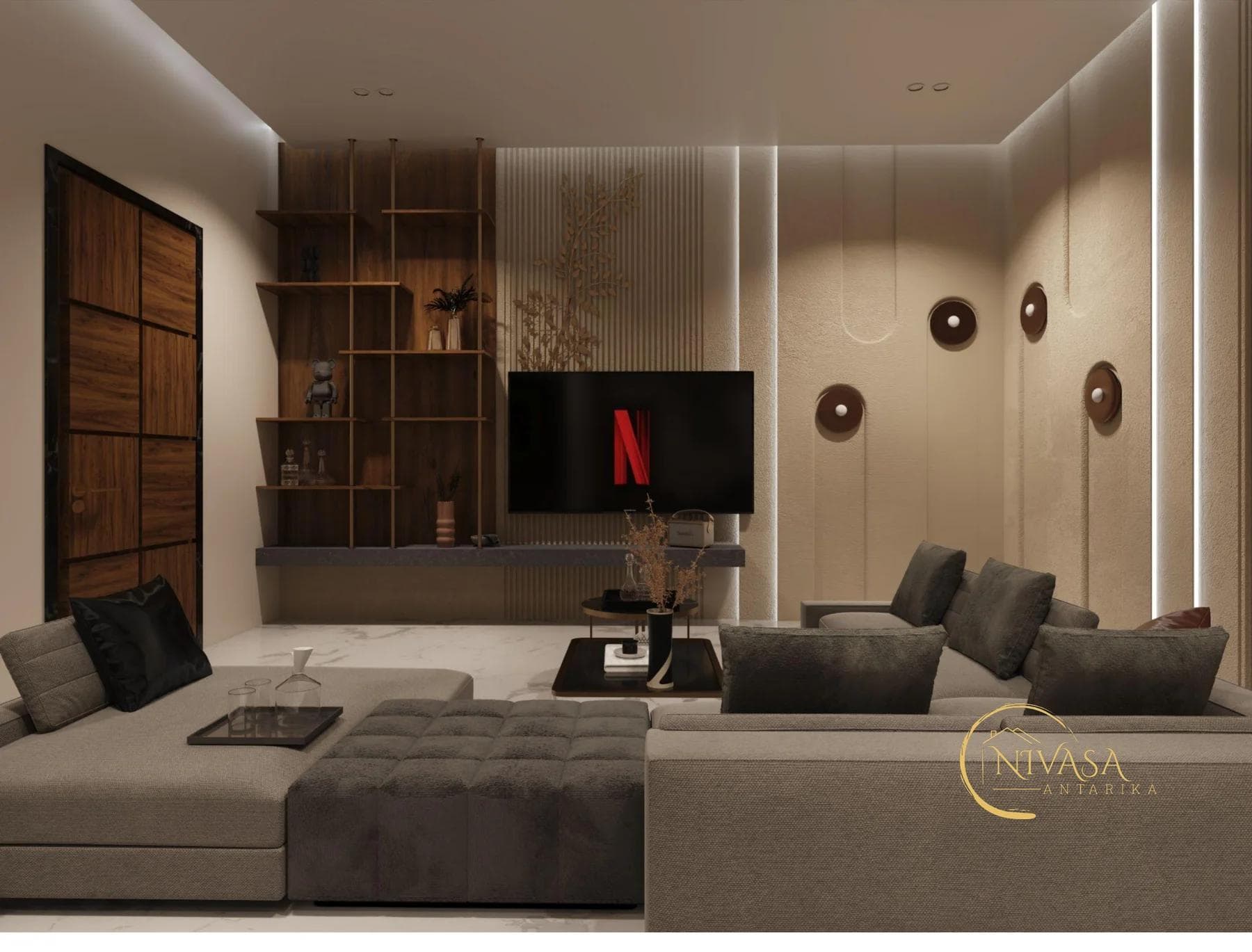 Sectional living room with ladder shelving and warm-lit TV wall