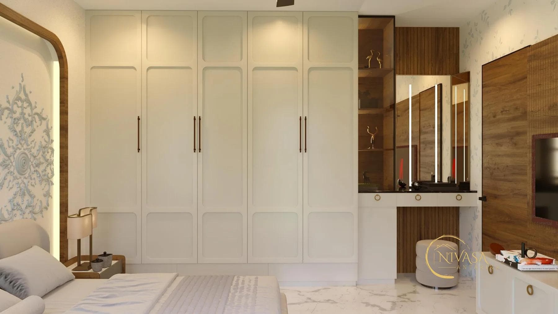 Dressing mirror nook beside the wardrobe wall